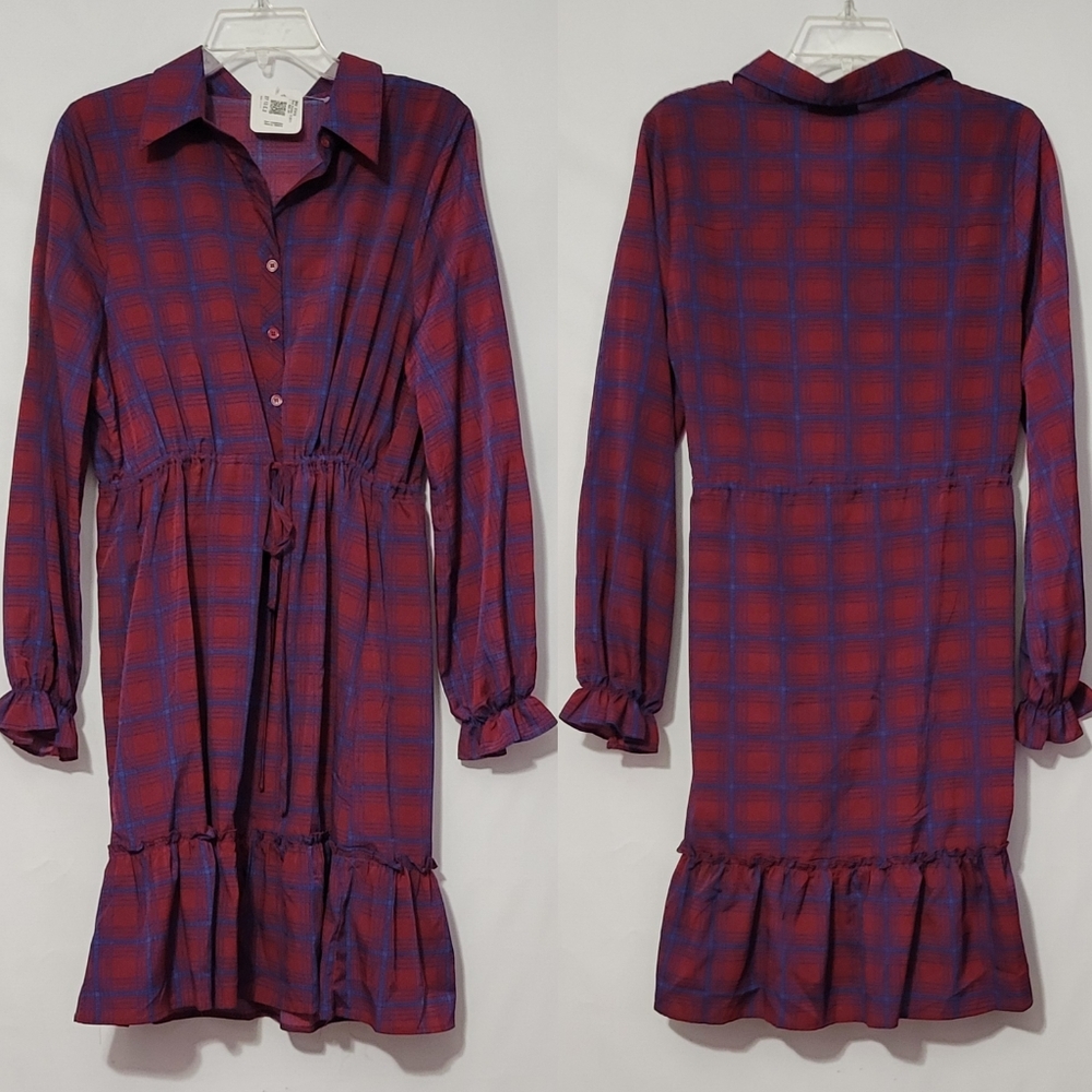 Promesa Plaid Ruffle Trim Western Vintage Style Midi Dress Ladies Large L